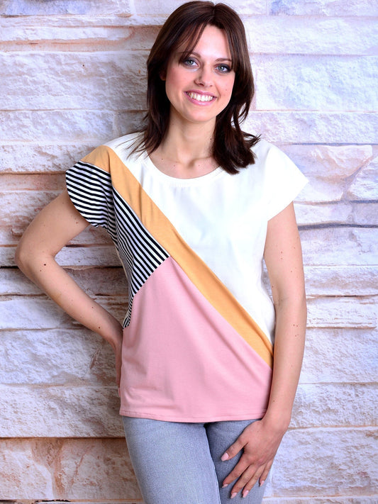 SALE > XXL (44) Jersey Shirt JANINA weiss Colorblocking rosa Streifen