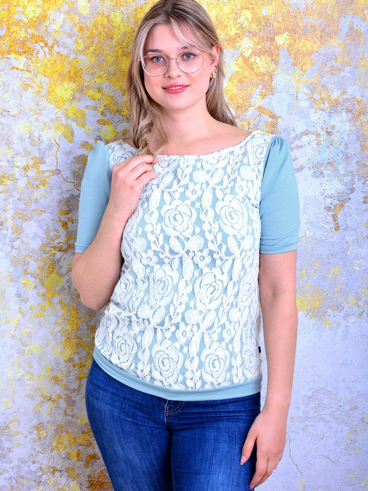 SALE > M (38) Jersey Shirt ANNA blau florale Stickerei weiss Spitze