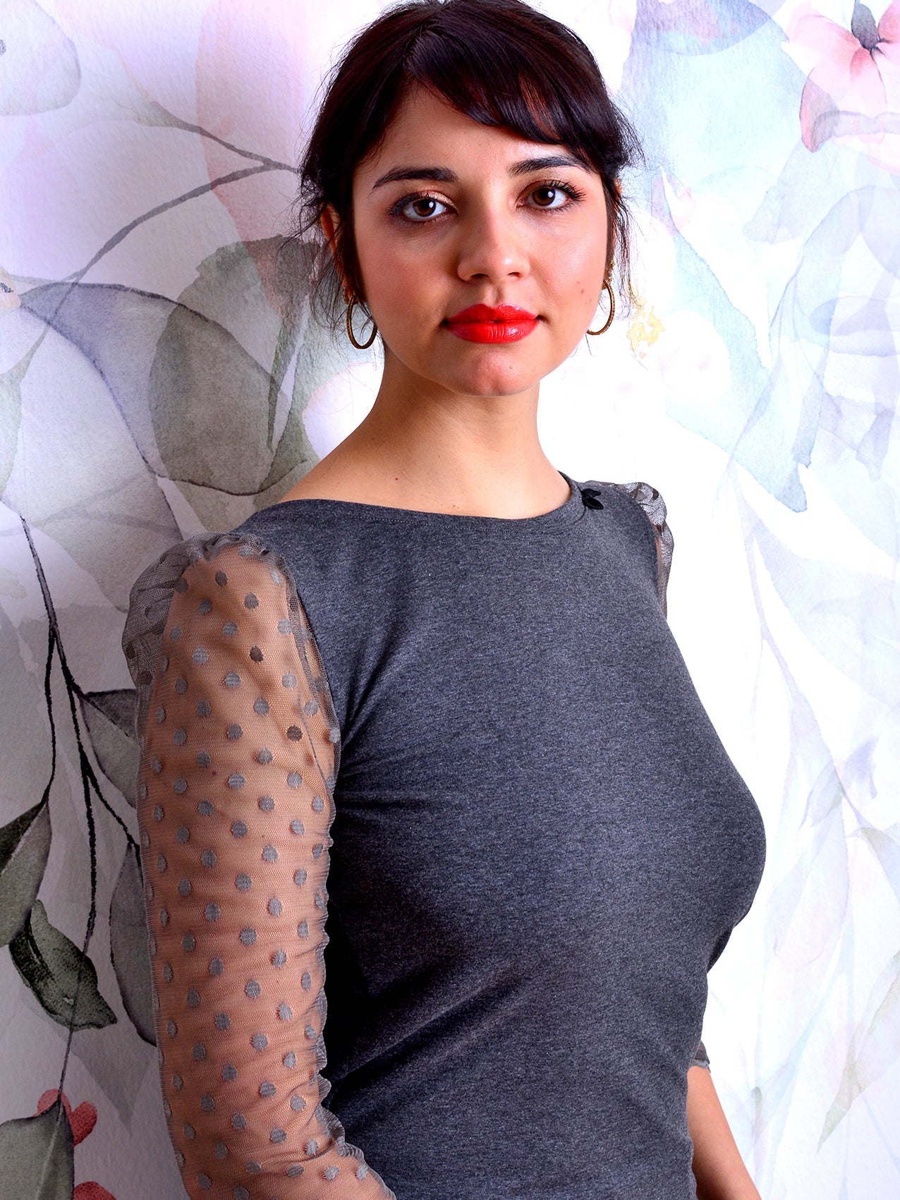 SALE > XXL (44) Jersey Shirt ANNA dunkelgrau Punkte Polka Dots Schleife grau Spitze