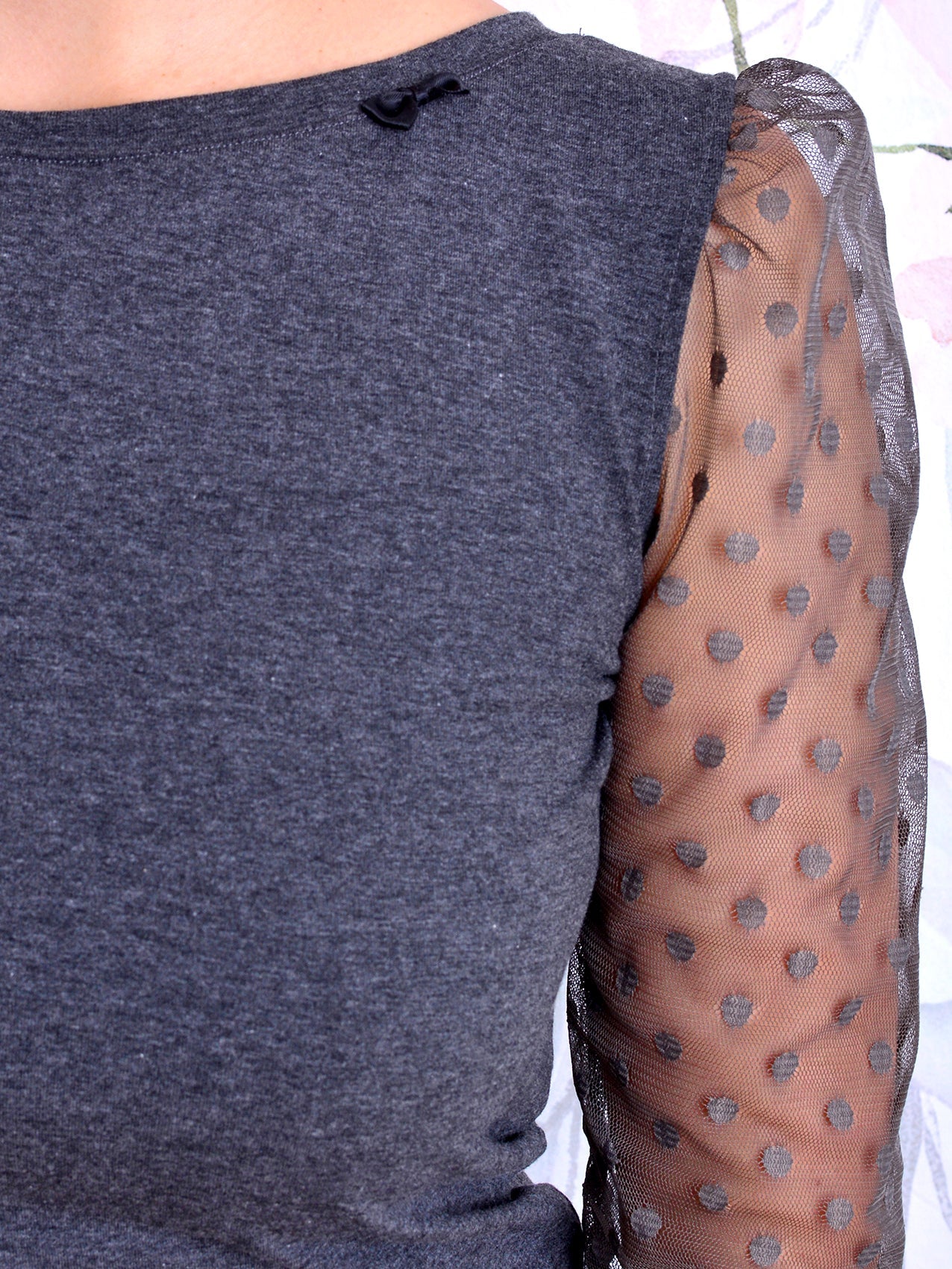 SALE > XXL (44) Jersey Shirt ANNA dunkelgrau Punkte Polka Dots Schleife grau Spitze