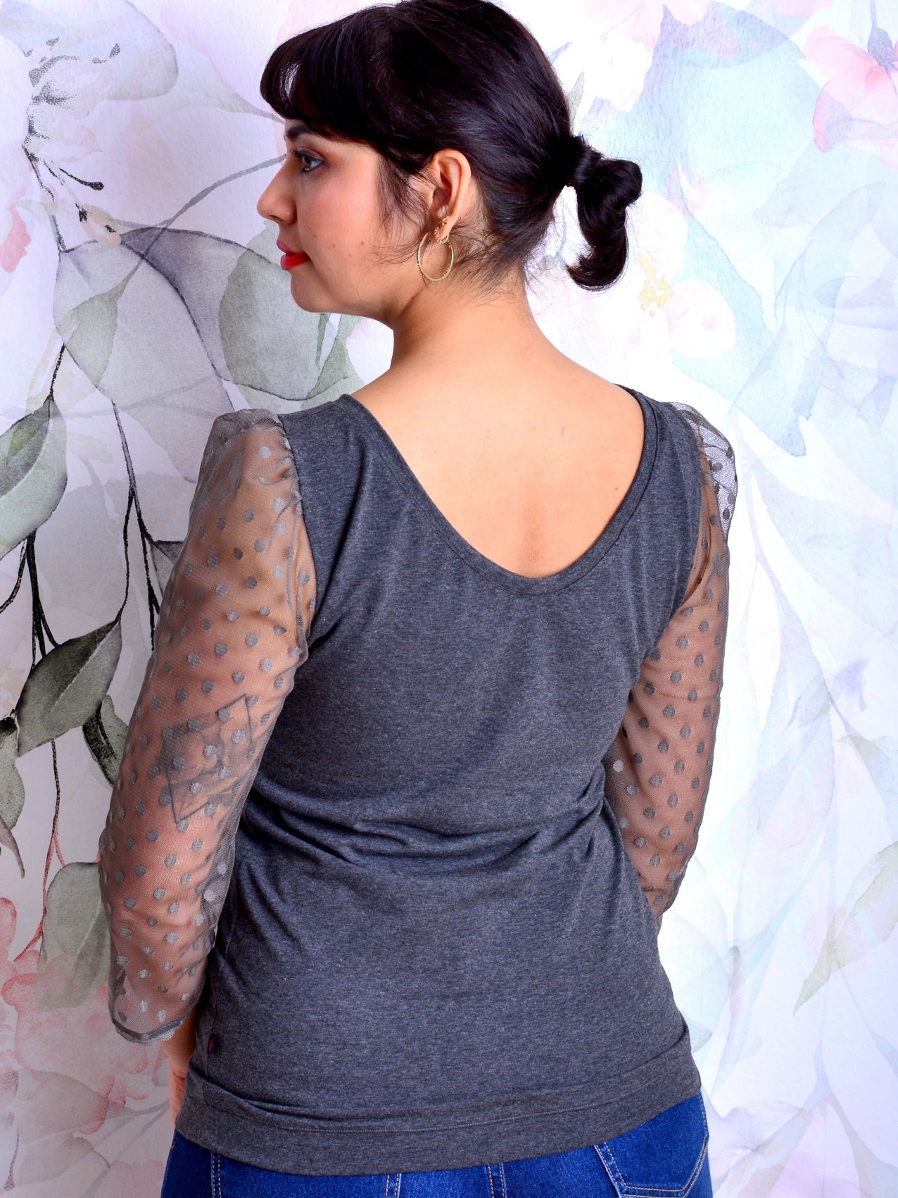 SALE > XXL (44) Jersey Shirt ANNA dunkelgrau Punkte Polka Dots Schleife grau Spitze