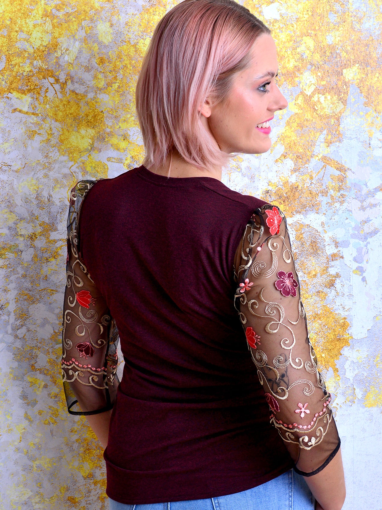SALE > S & M & L Jersey Shirt CONSTANZE aubergine meliert Blumen bordeaux rot Spitze