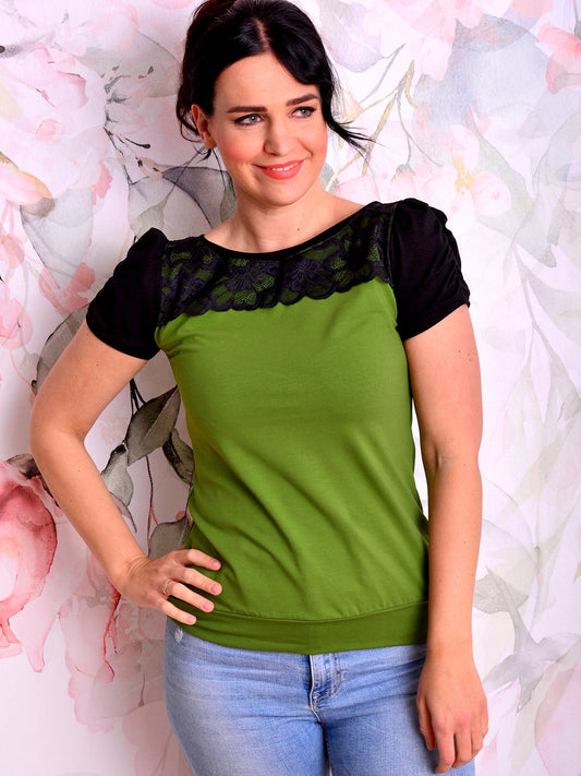 SALE > XXL (44) Jersey Shirt MELINDA grün Rüschen schwarz Spitze