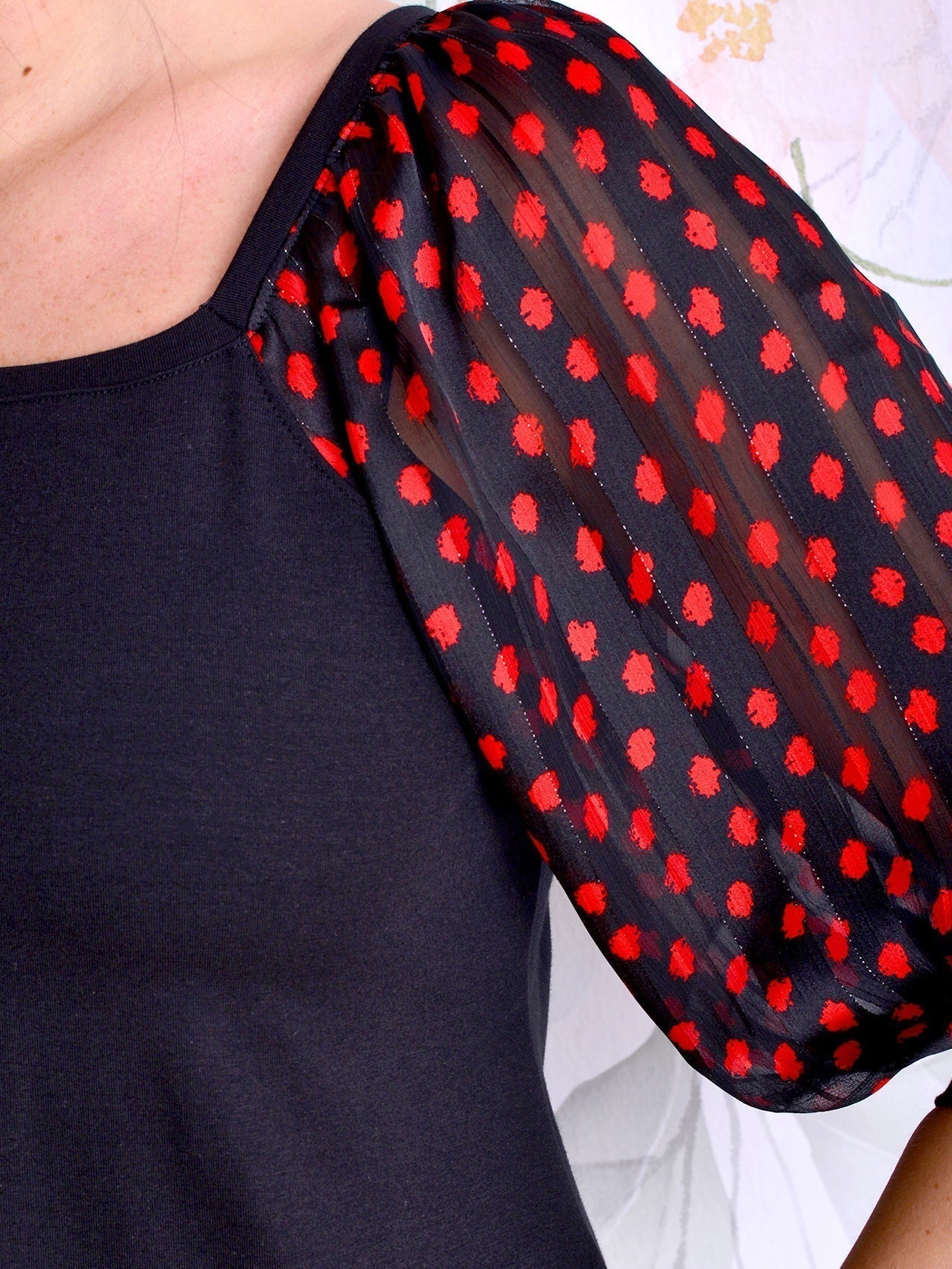 SALE > XL (42) Jersey Shirt STEFANIE schwarz Tupfen rot Punkte