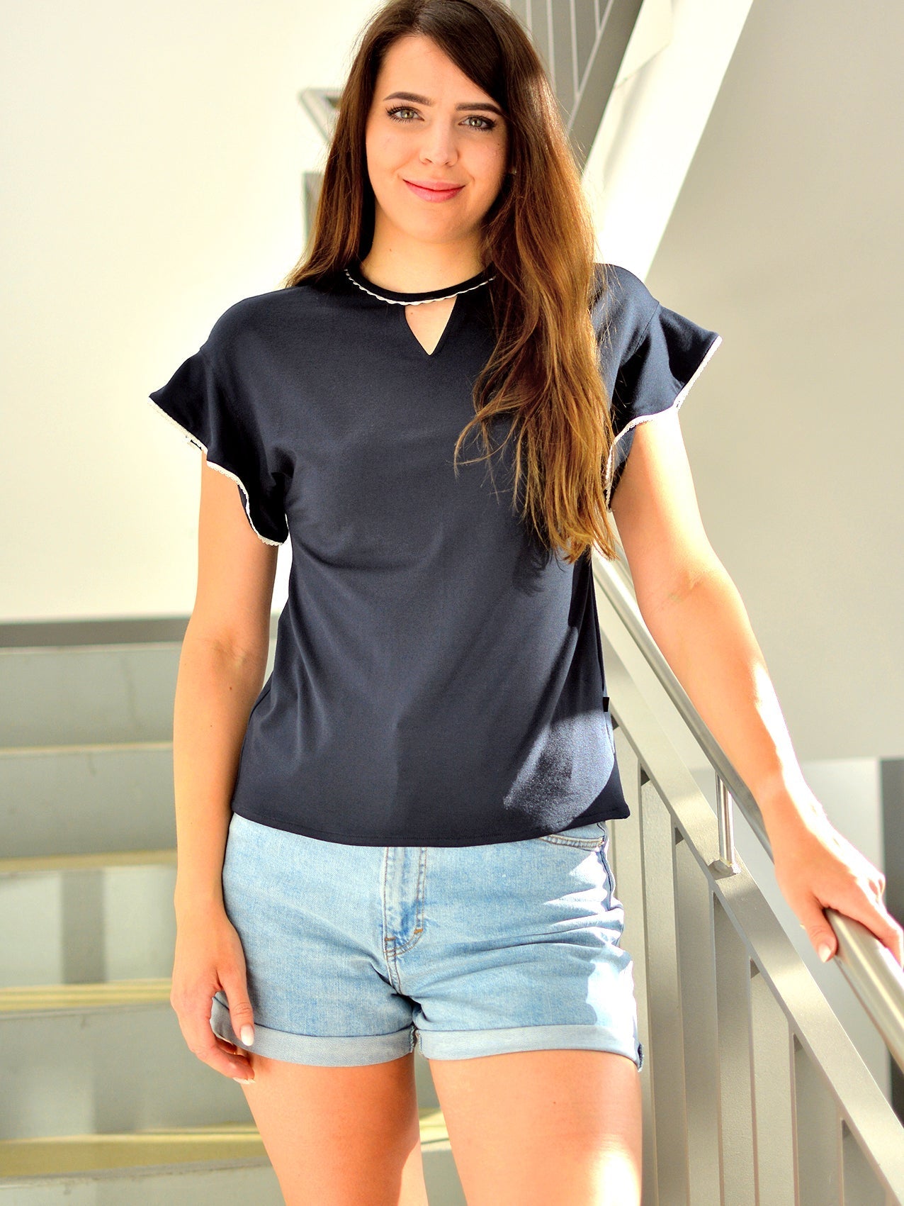 SALE > L (40) & XL (42) Jersey Shirt WIEBKE blau Spitze dunkelblau