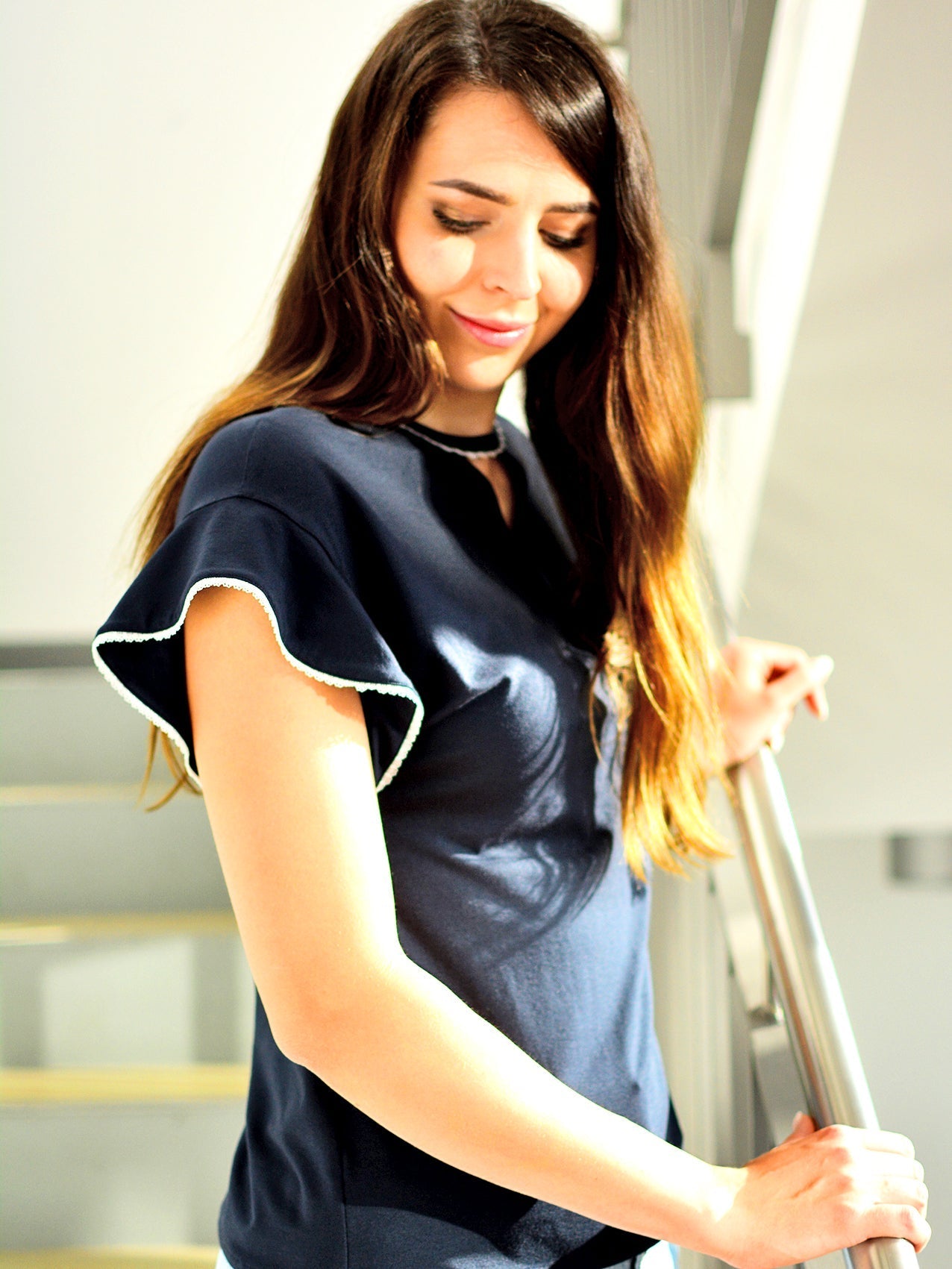 SALE > L (40) & XL (42) Jersey Shirt WIEBKE blau Spitze dunkelblau