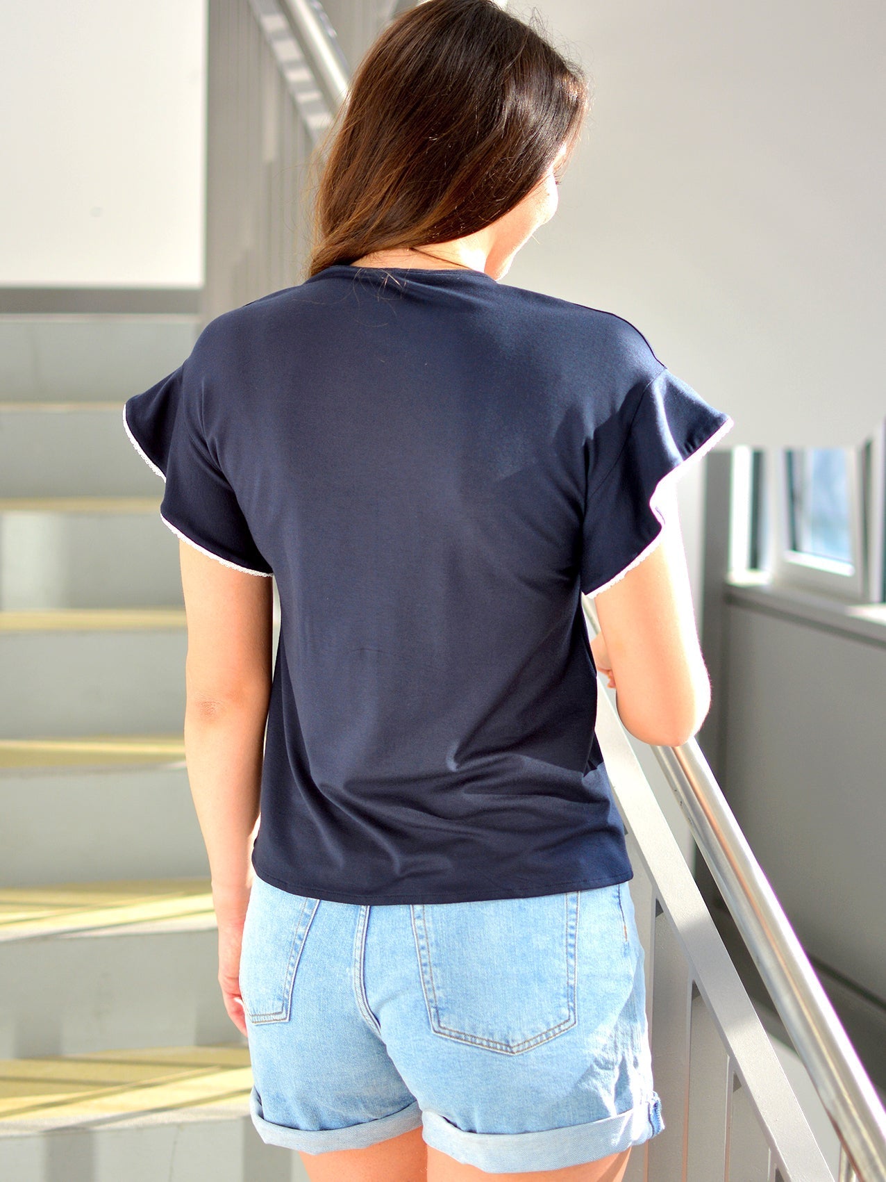 SALE > L (40) & XL (42) Jersey Shirt WIEBKE blau Spitze dunkelblau