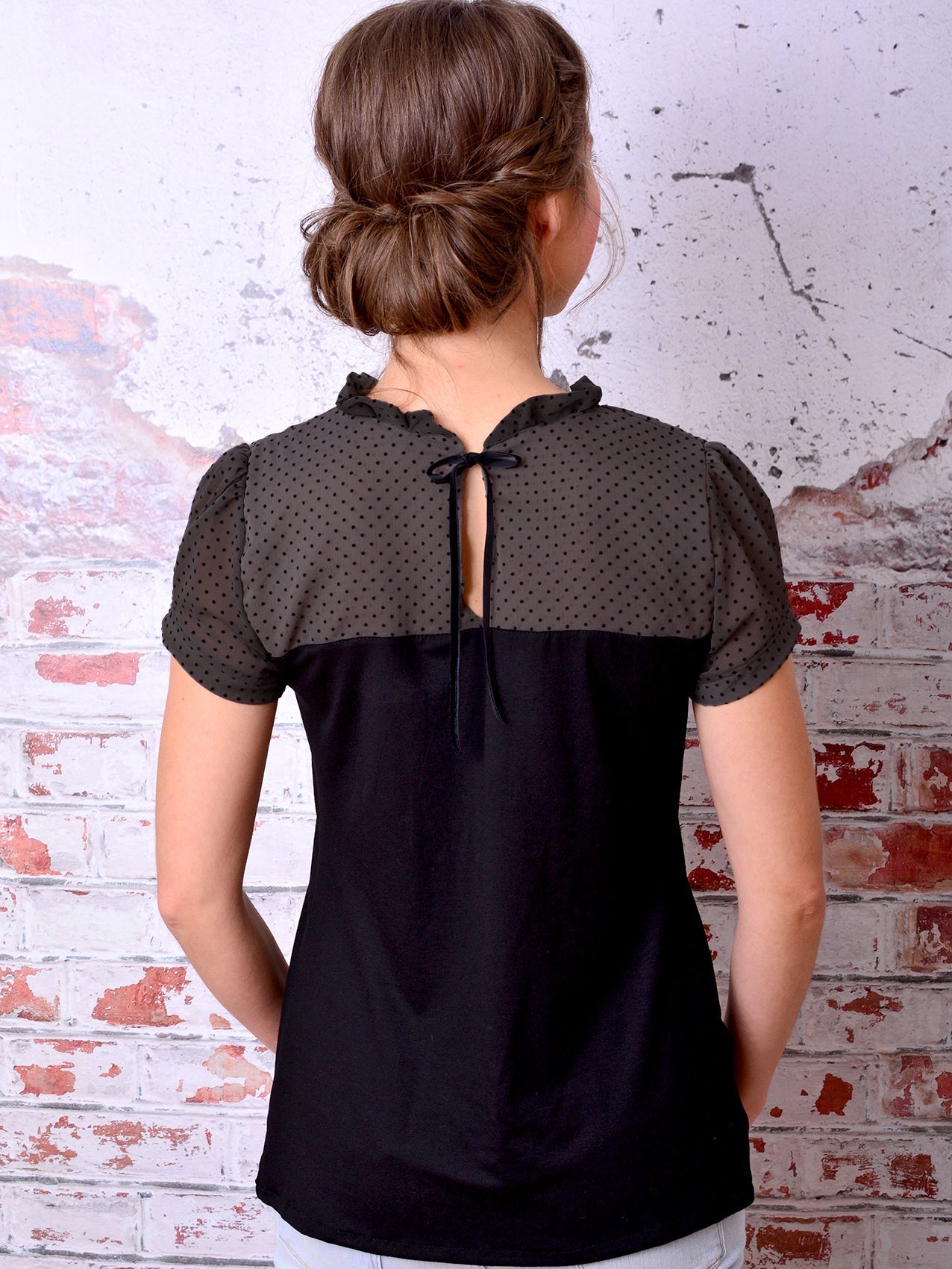 SALE > XS (34) Jersey Shirt ULRIKE schwarz Polka Dots Punkte Schleife Rose Rüschen