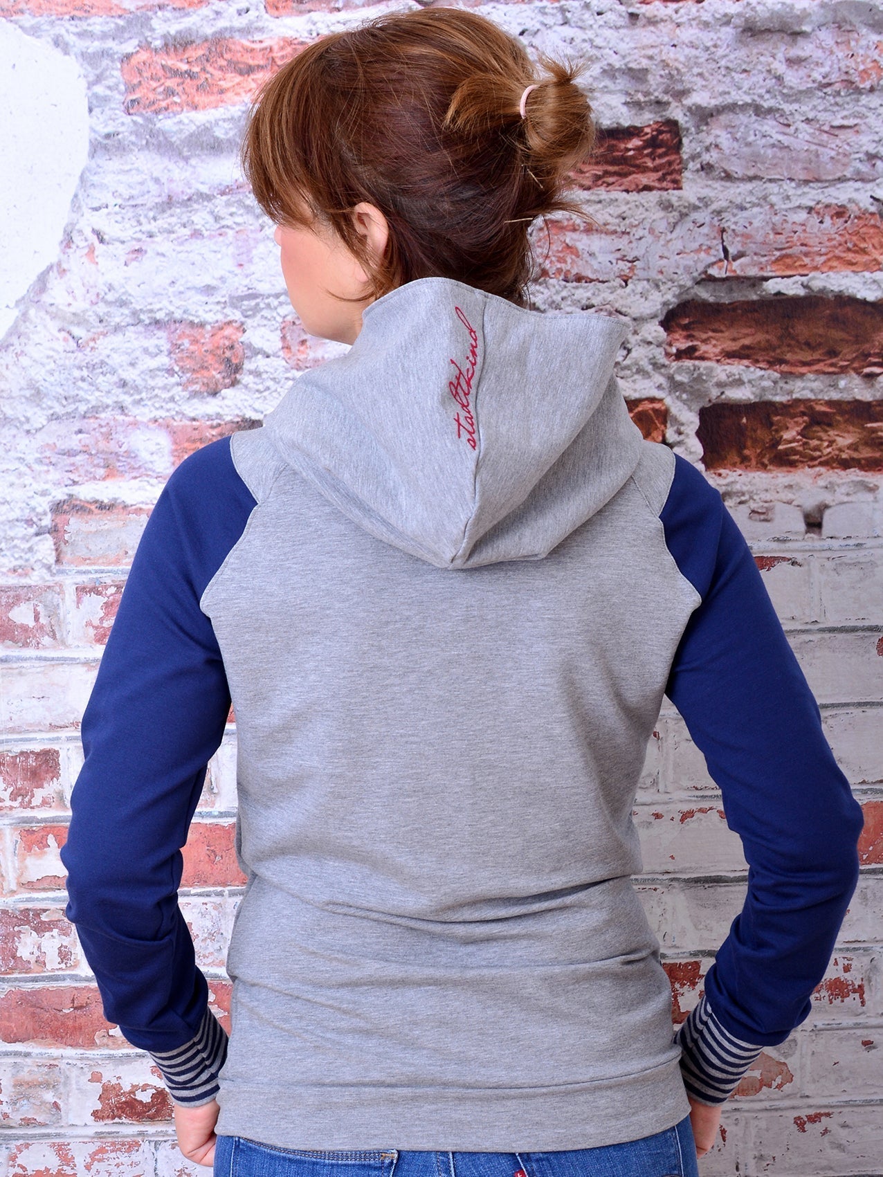 SALE > XL (42) Kapuzenshirt URSULA grau blau Herz Raglanärmel Hoody