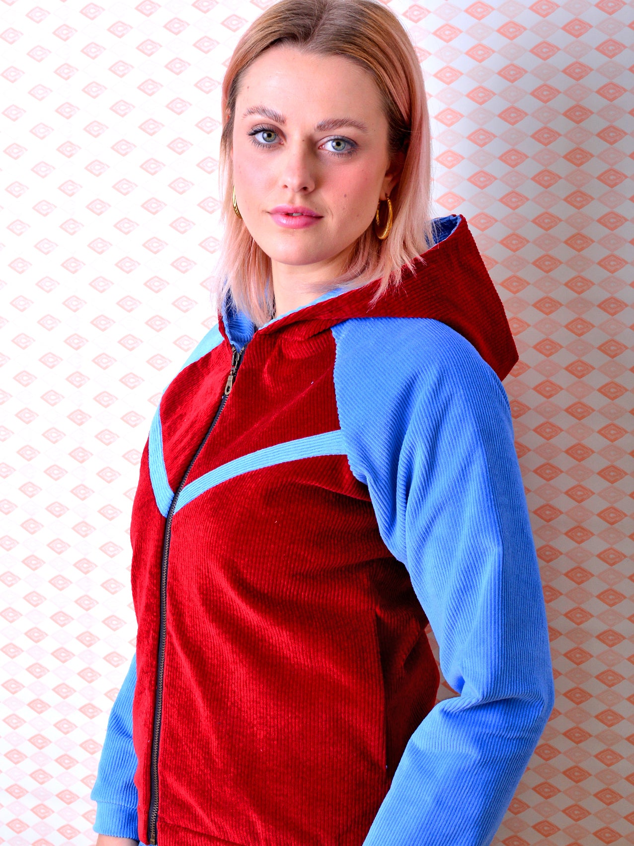 SALE > M (38) Kapuzen Blouson DENISE blau Cord rot Jacke Kord