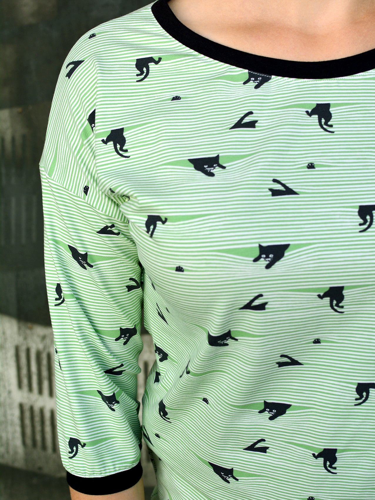 gestreiftes Jerseyshirt PETRA grün Katzen hellgrün Shirt von STADTKIND POTSDAM