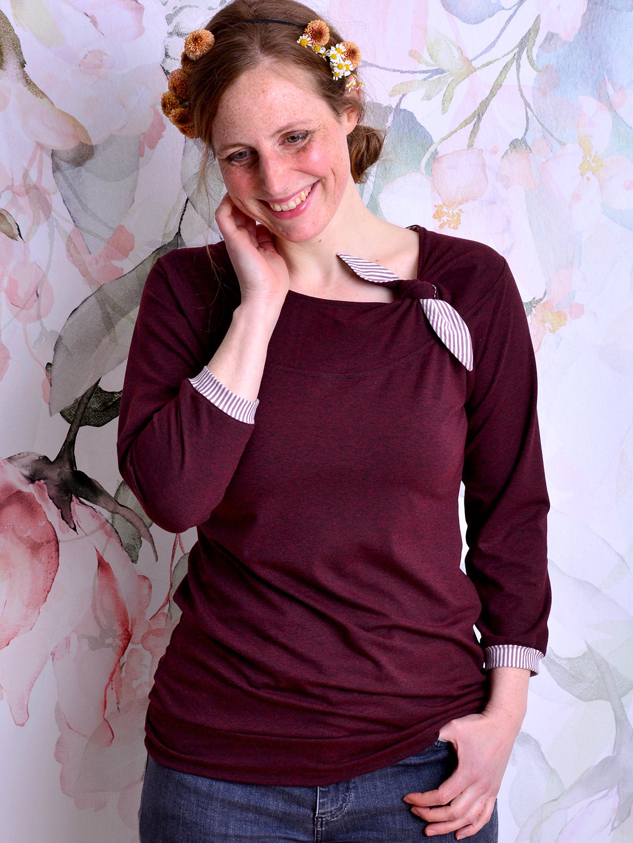 SALE > S (36) & L (40) & XL (42) Jersey Shirt CORINNA Schleife aubergine Streifen