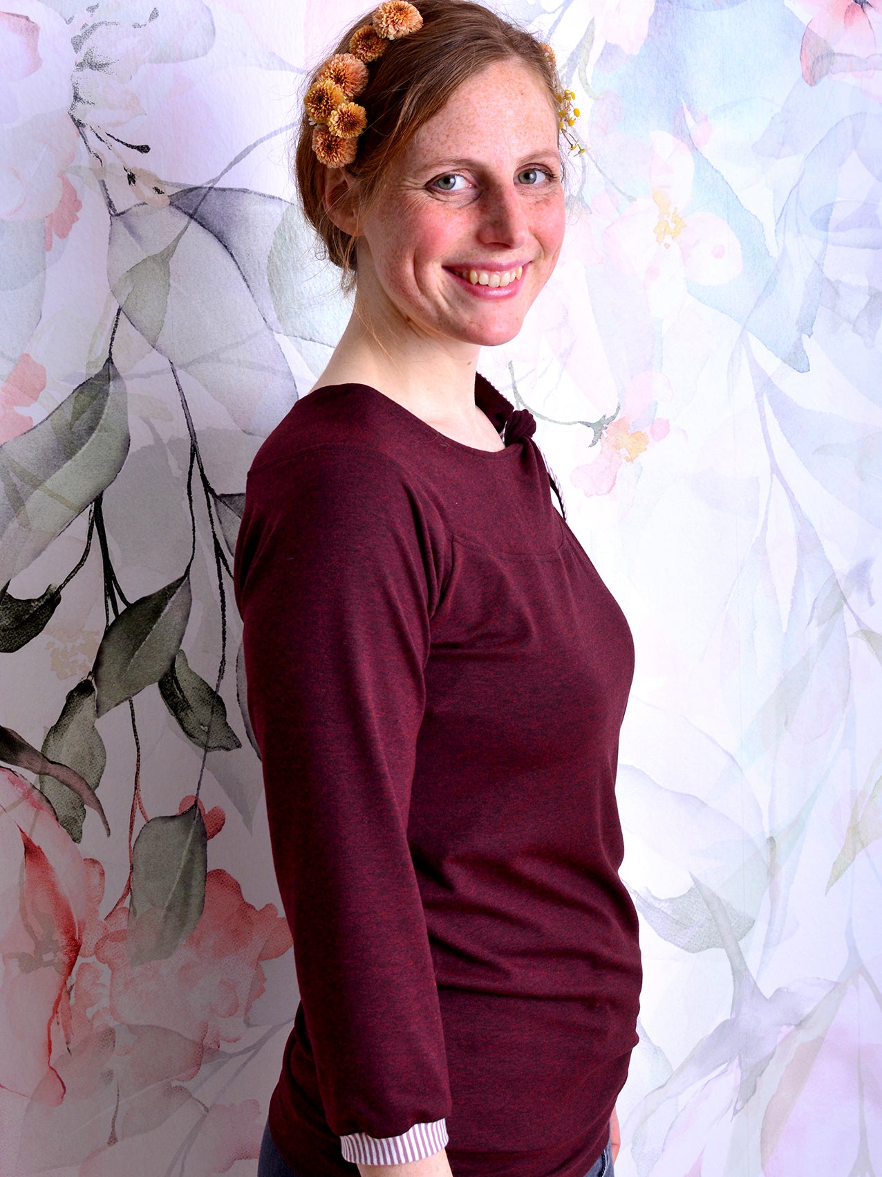 SALE > S (36) & L (40) & XL (42) Jersey Shirt CORINNA Schleife aubergine Streifen