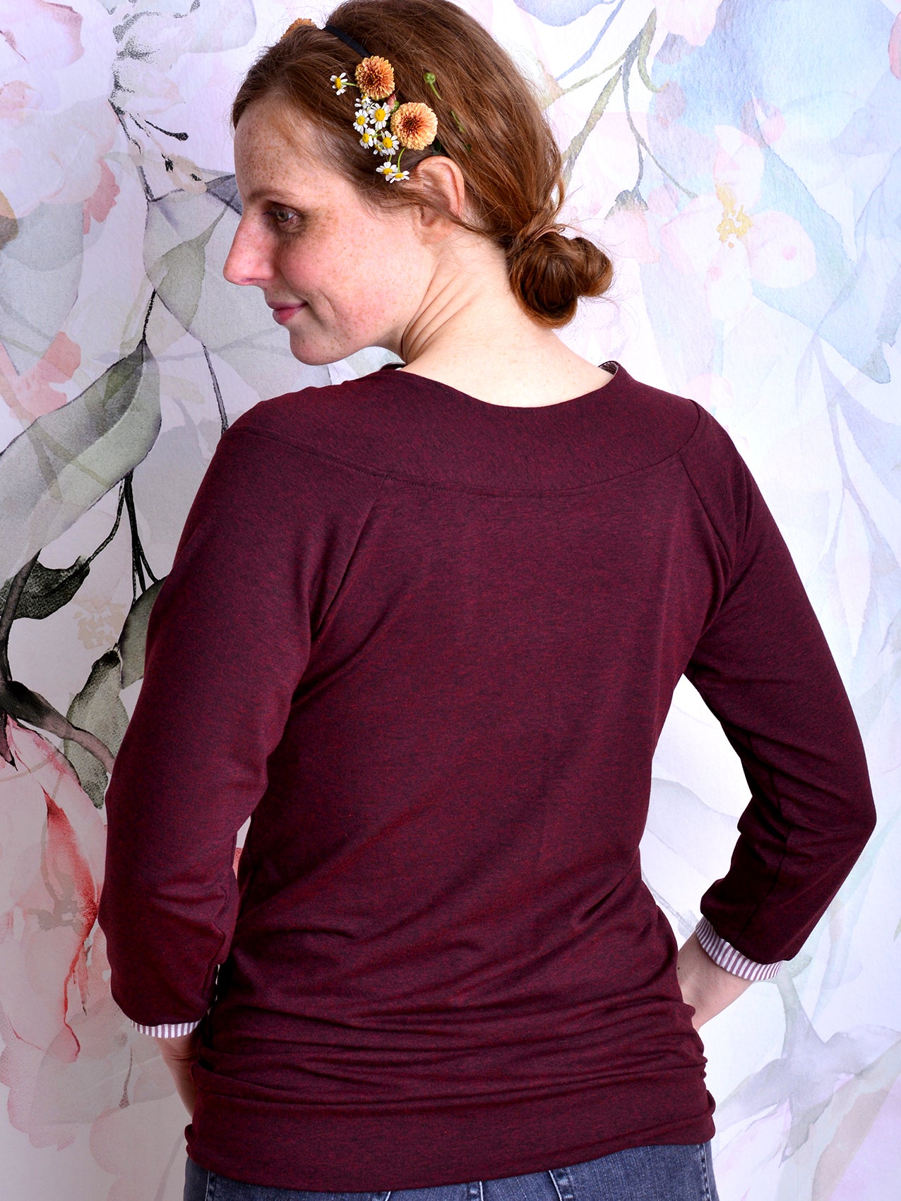 SALE > S (36) & L (40) & XL (42) Jersey Shirt CORINNA Schleife aubergine Streifen