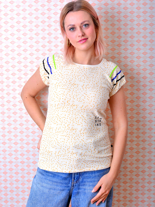 Jersey Shirt JUTTA Frottee hellbeige Zackenlitze gelb wollweiss Punkte von STADTKIND
