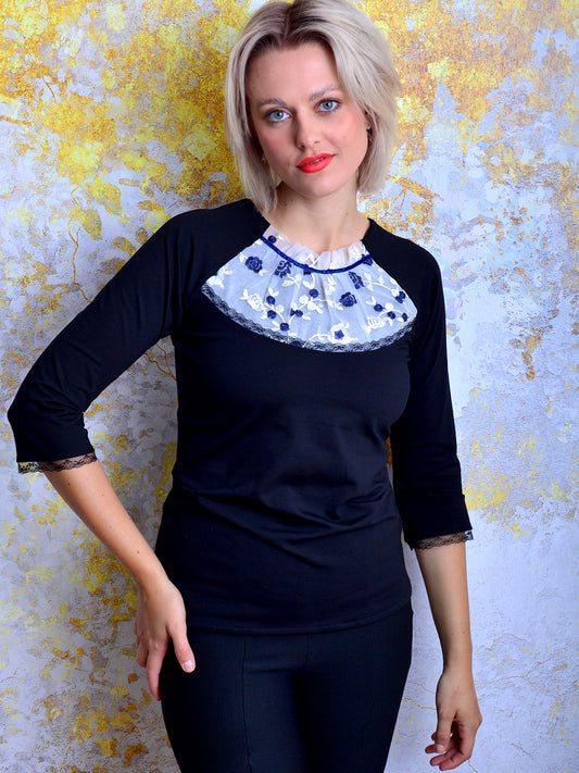 Jersey Shirt EVELYN schwarz Spitze Blumen Schleife von STADTKIND