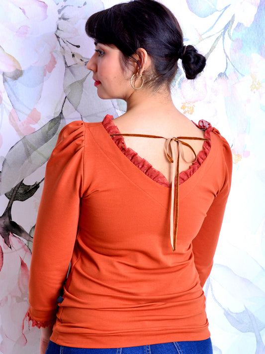 SALE > L (40) & XXL (44) Sweatshirt LEA orange Punkte Rüschen Schleife