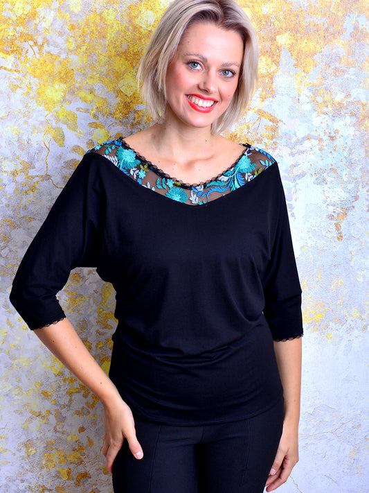 BESTSELLER - Jersey Shirt BIRGIT schwarz Blumen Spitze