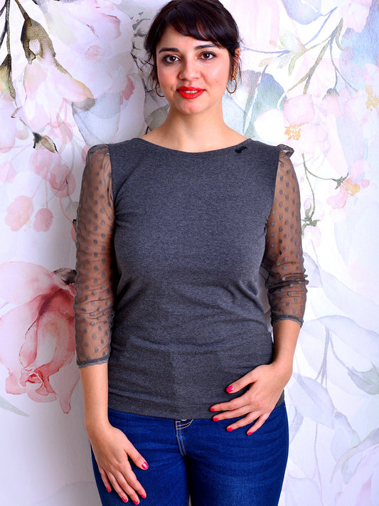 SALE > XXL (44) Jersey Shirt ANNA dunkelgrau Punkte Polka Dots Schleife grau Spitze