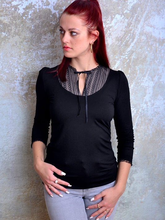 SALE > XL (42) Jersey Shirt SINA schwarz Spitze Schleife