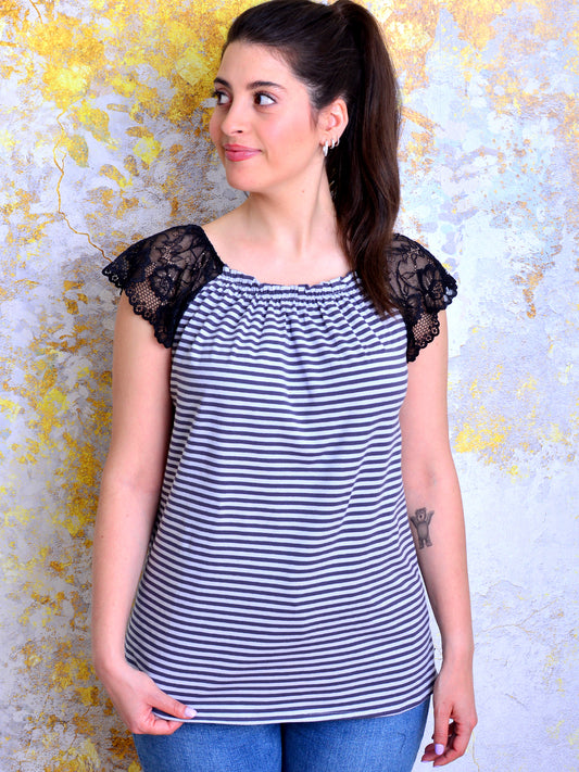SALE > S (36) Jersey Shirt HANNAH grau gestreift Spitze schwarz Streifen