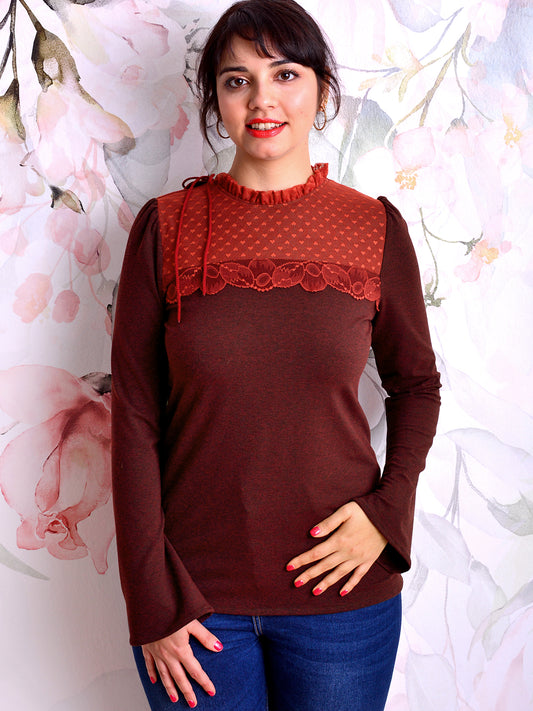 Jersey Shirt DANIELA rot Spitze rotbraun Spitze Schleife von STADTKIND POTSDAM