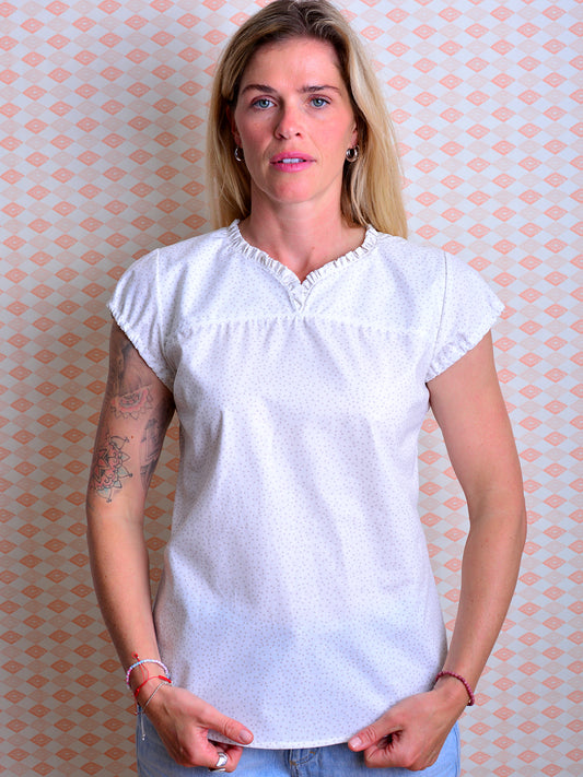 SALE > M (38) & L (40) & XL (42) Sommerbluse VIKTORIA weiß Punkte