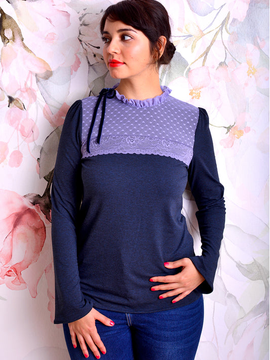 Jersey Shirt DANIELA dunkelblau Spitze blau Schleife von STADTKIND POTSDAM