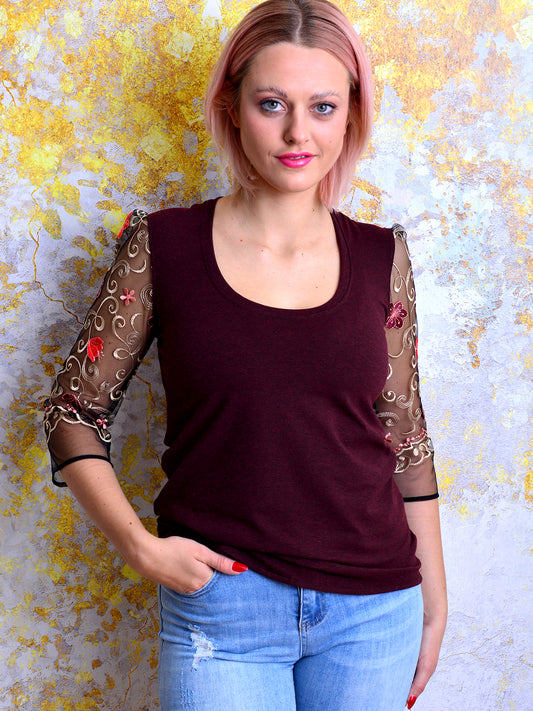 SALE > S & M & L Jersey Shirt CONSTANZE aubergine meliert Blumen bordeaux rot Spitze