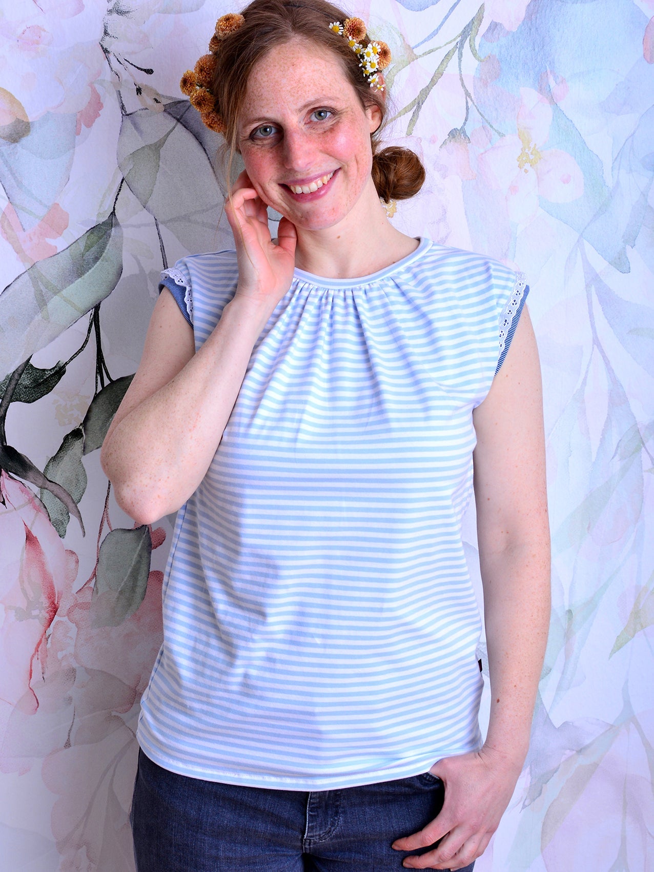 SALE > L (40) gestreiftes Jersey Shirt KATJA hellblau weiss Blumen Top blau