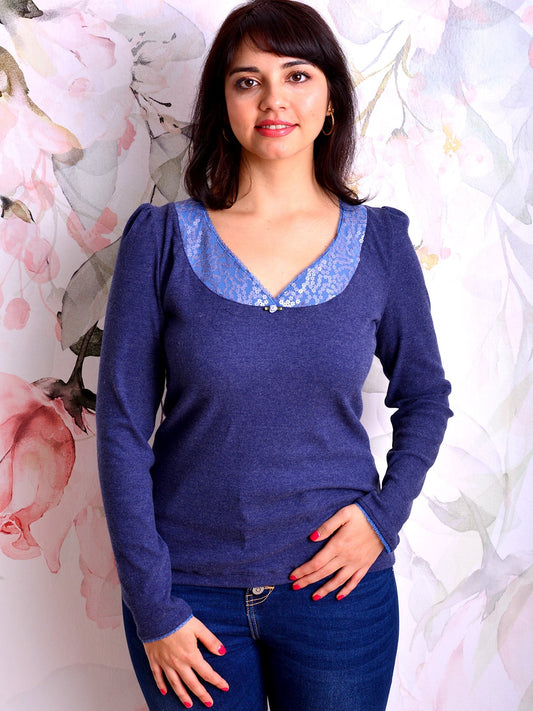 SALE > S & M & L Jersey Shirt GUNDULA blau Pailletten Rüschen