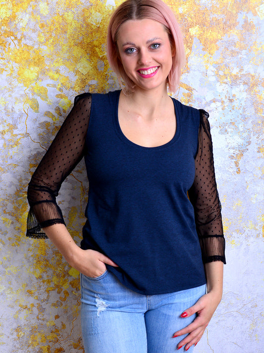 Jersey Shirt CONSTANZE dunkelblau meliert Punkte blau Spitze von STADTKIND
