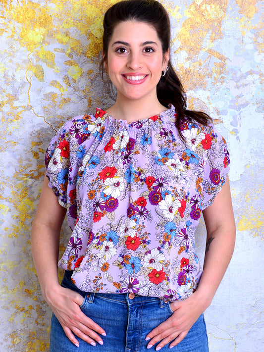 SALE > M/L florale Sommerbluse SABINE lila Rüschen rot Blumen