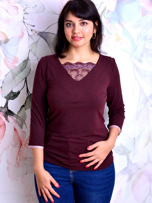 Jersey Shirt BEATE aubergine Spitze bordeaux rot von STADTKIND POTSDAM