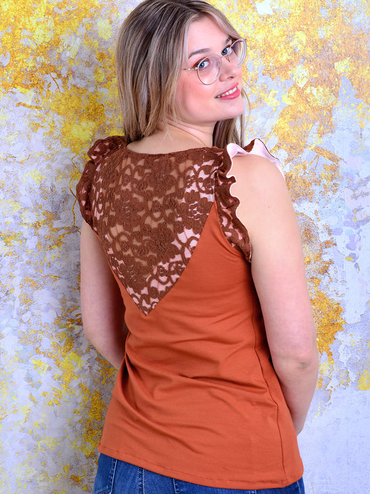 Jersey Shirt ANTONIA terracotta Spitze braun Rüschen von STADTKIND POTSDAM