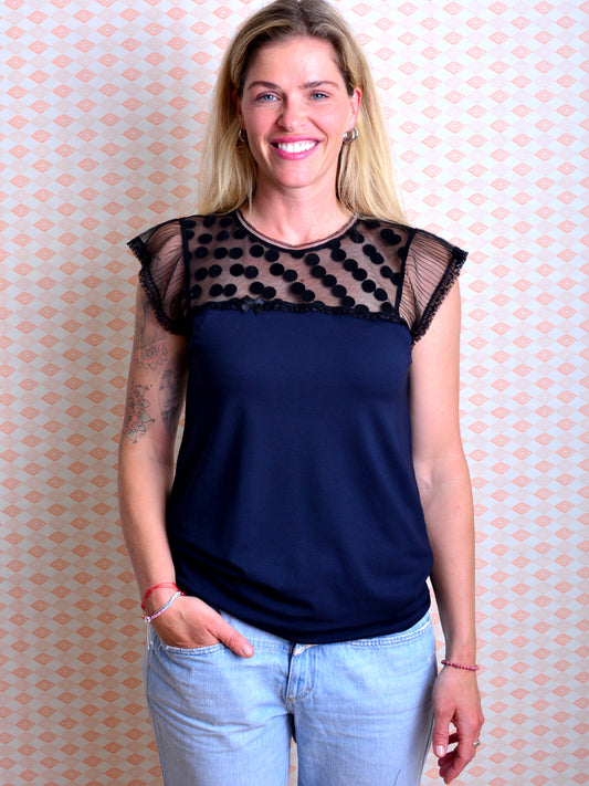 Jersey Shirt MICHAELA dunkelblau Spitze schwarz Punkte Polka Dots von STADTKIND