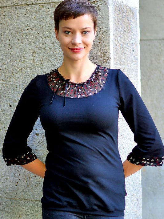 Jersey Shirt JESSICA schwarz Punkte Polka Dots Schleife Spitze