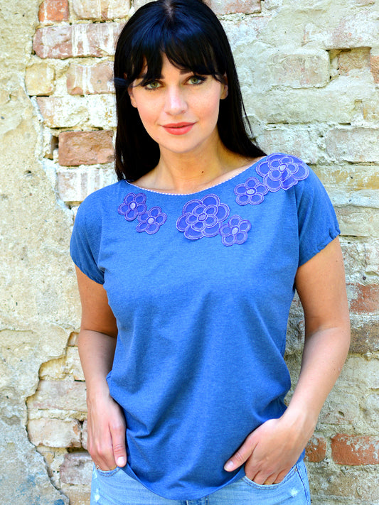 Jerseyshirt SYLVIA blau Blumen Spitze Shirt von STADTKIND POTSDAM