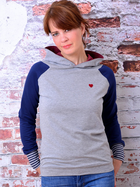BESTSELLER - Kapuzenshirt URSULA grau blau Herz Raglanärmel Hoody