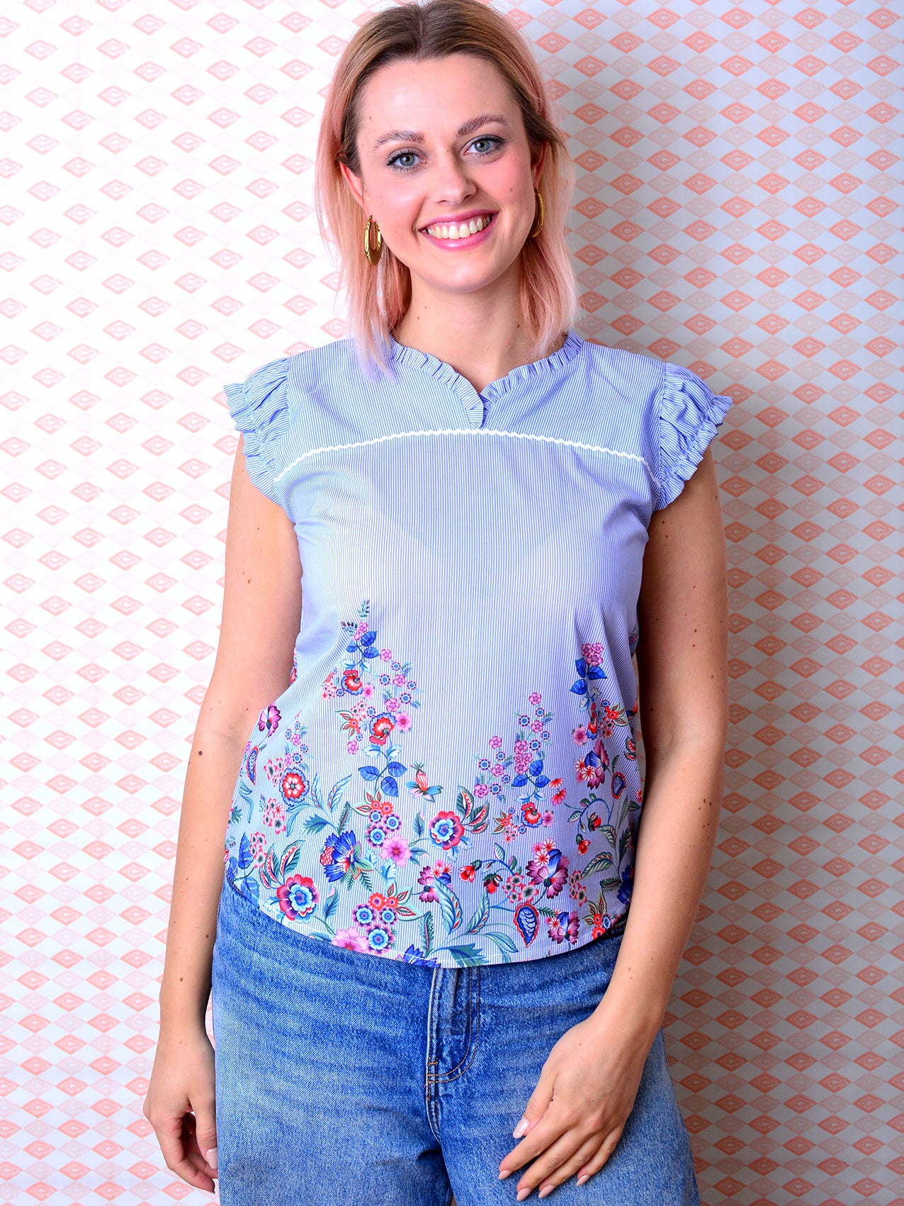 SALE > XS (34) florale Sommerbluse VIKTORIA blau Blumen Streifen