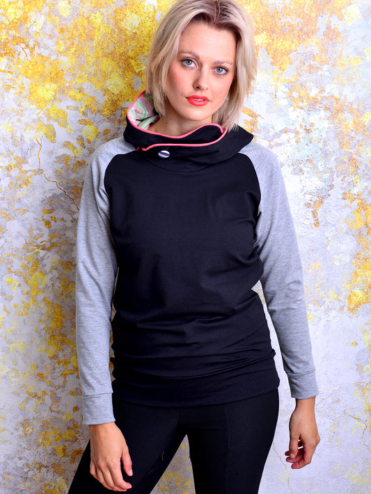 Kapuzenshirt SERENA schwarz Streifen grau Hoodie Knopf von STADTKIND