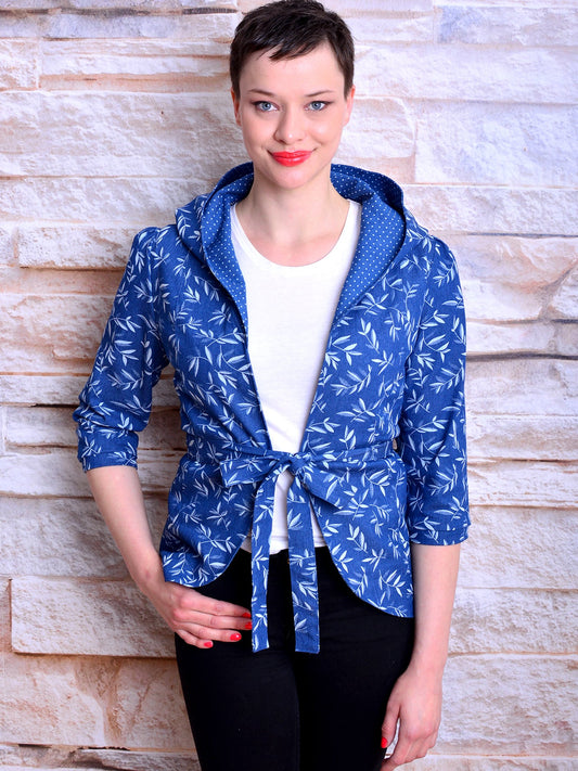 SALE > L (40) floraler Jeans Kapuzenblazer IRINA blau Blumen Streifen Blazer Polka Dots