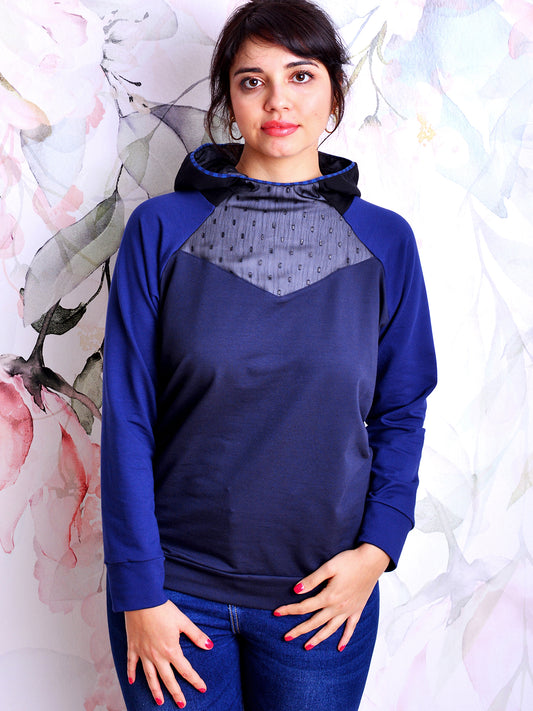 Kapuzenshirt CLARA blau Spitze Raglanärmel Hoodie von STADTKIND POTSDAM