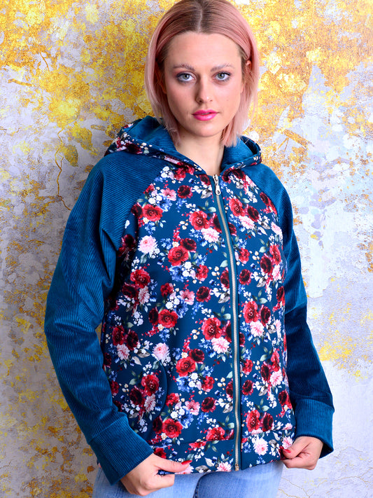 SALE > M (38) Kapuzen Blouson DENISE blau Blumen rot Jacke Kord