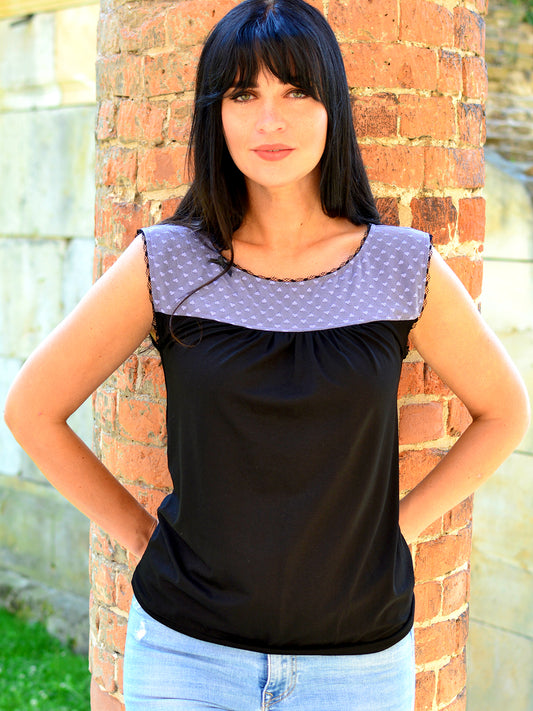 SALE > XXL (44) Jersey Shirt CHELSEY schwarz Spitze flieder Schleife