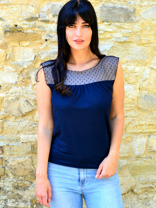 Jersey Shirt CHELSEY dunkelblau Spitze grau Schleife blau von STADTKIND POTSDAM