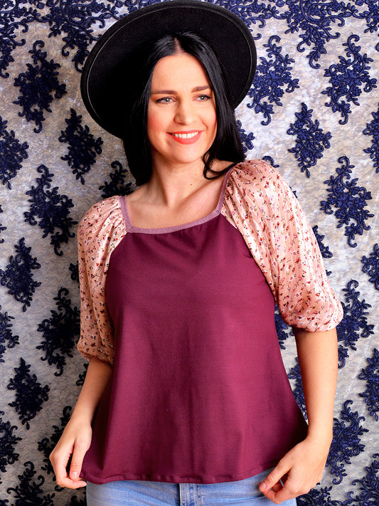 Jersey Shirt STEFANIE bordeaux rot Blumen dunkelrot von STADTKIND POTSDAM