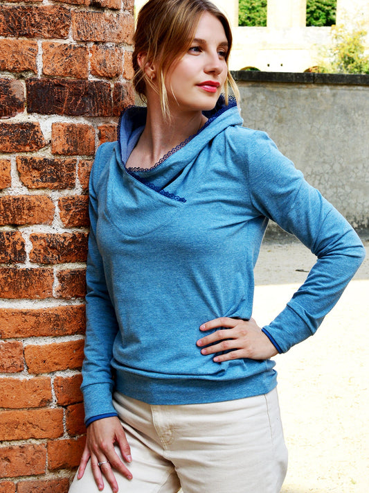 SALE > M (38) Kapuzenshirt AGATHE blau Streifen Spitze Hoody